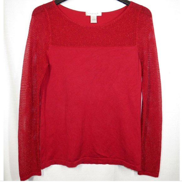 August Silk Red Mesh Trimmed Long Sleeve Knit Top - Picture 1 of 6